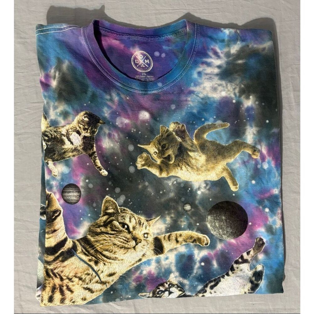DOM Space Cat Galaxy Tie Dye T-Shirt All Over Print Graphic 2XL Animal Funny